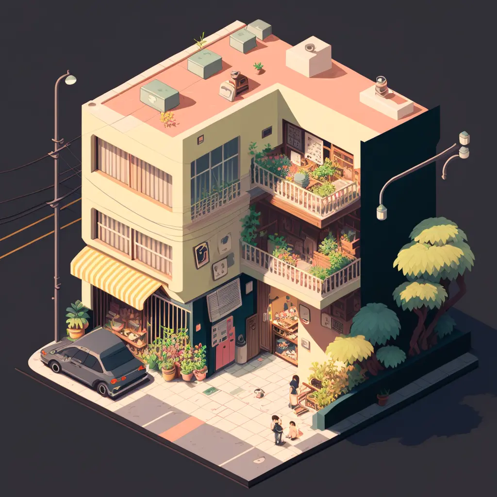 Isometric clean pixel art image of outside of old apartment building 